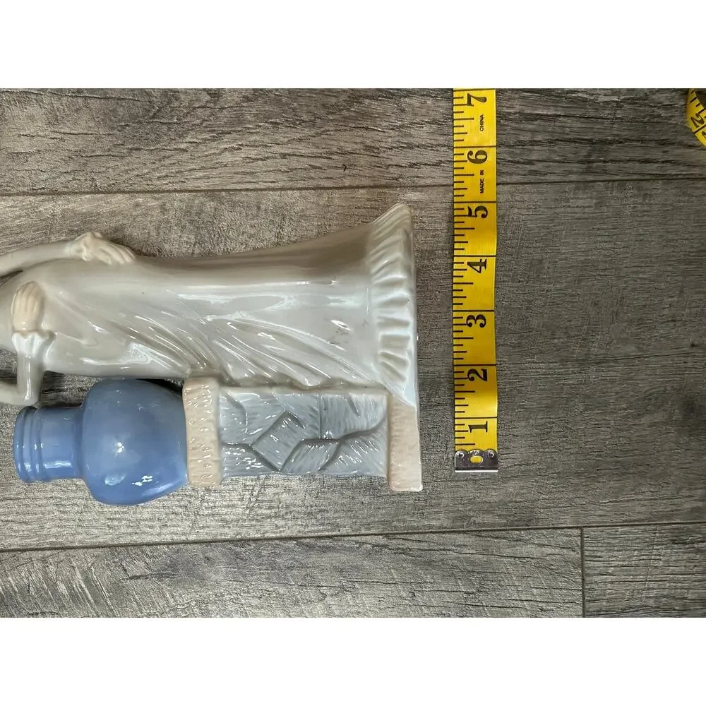 VTG Porcelain Women with small Vase- blue and white- bottom crack bid vase